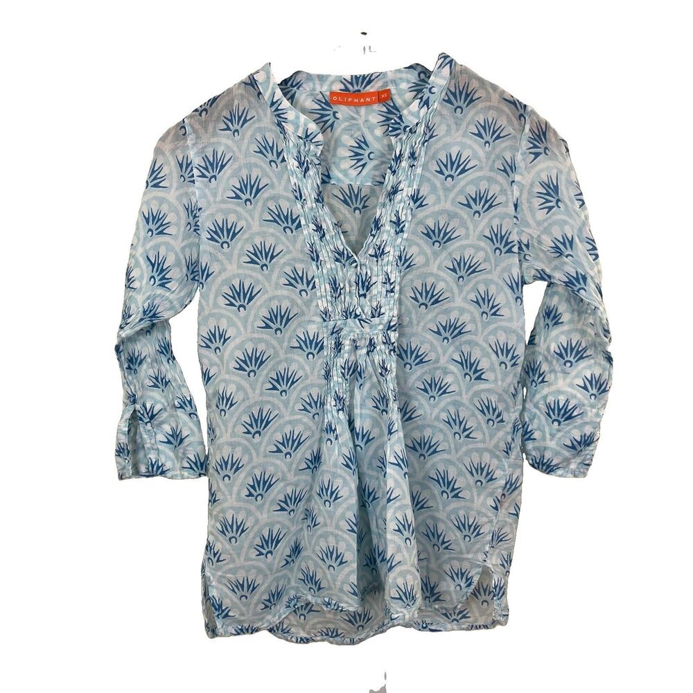 Oliphant Pintuck Tunic Blouse Womens XS Block Print Cotton Boho Blue